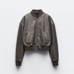 Zara Distressed Faux Leather Bomber Jacket in Black